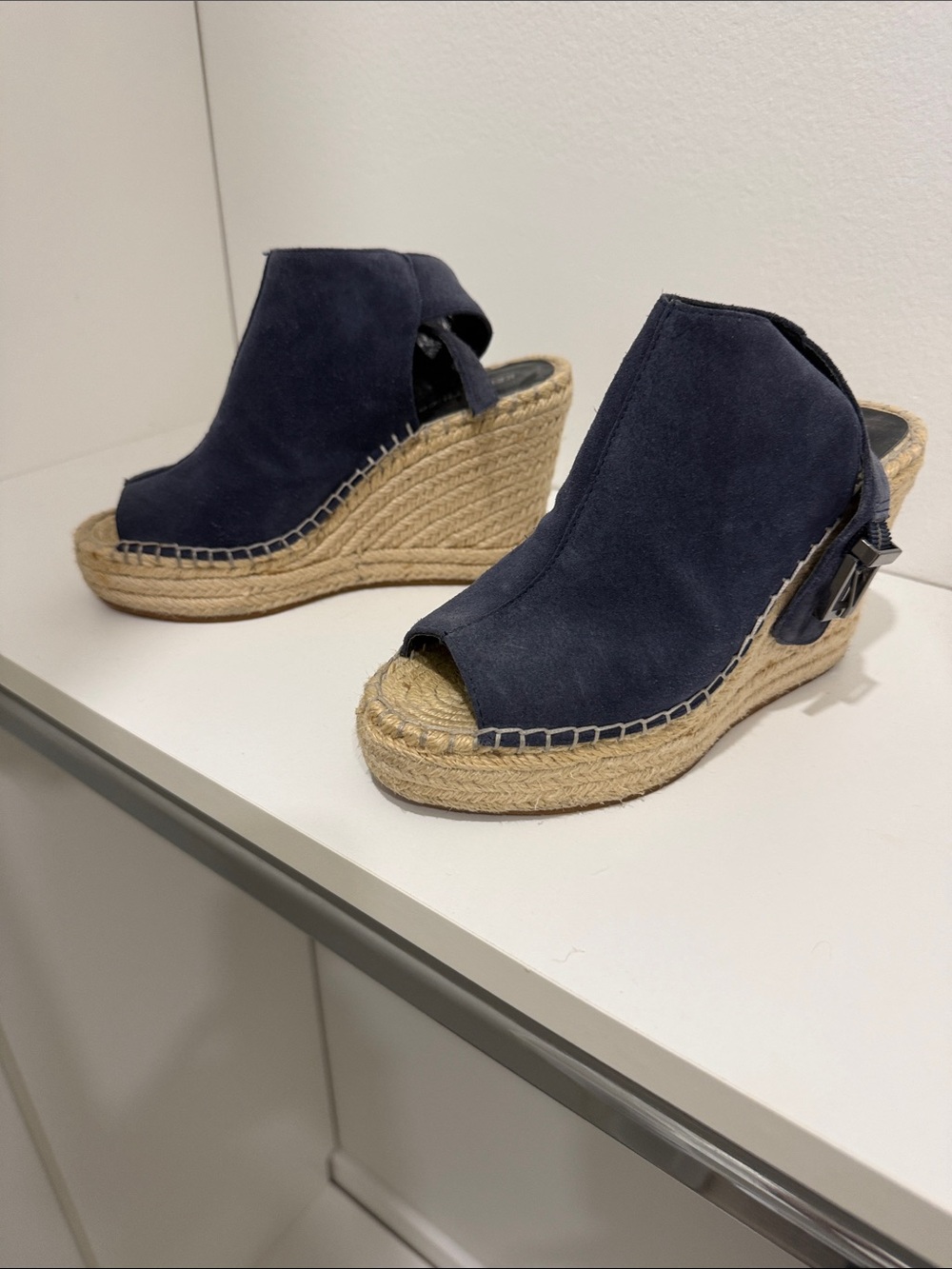 Kenneth Cole New York Navy Suede Peep-Toe Espadrille Wedge
